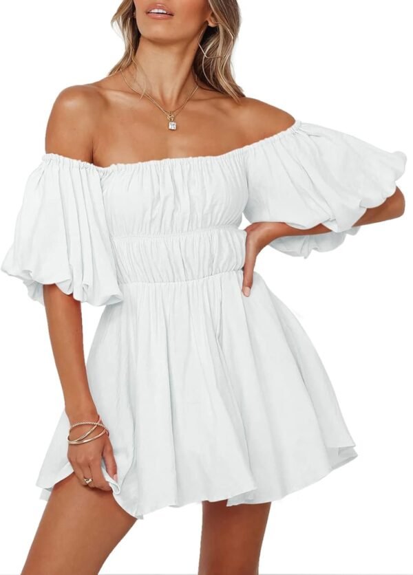 Connecteri  Womens Off The Shoulder Summer Dresses 2024 Short Lantern Sleeve Ruffle Elastic Waist A-Line Casual Mini Dress