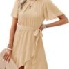 Connecteri  Womens Summer Dresses 2024 Crewneck Short Sleeve Waist Tie Ruffle Casual Chiffon A-Line Swing Mini Dress