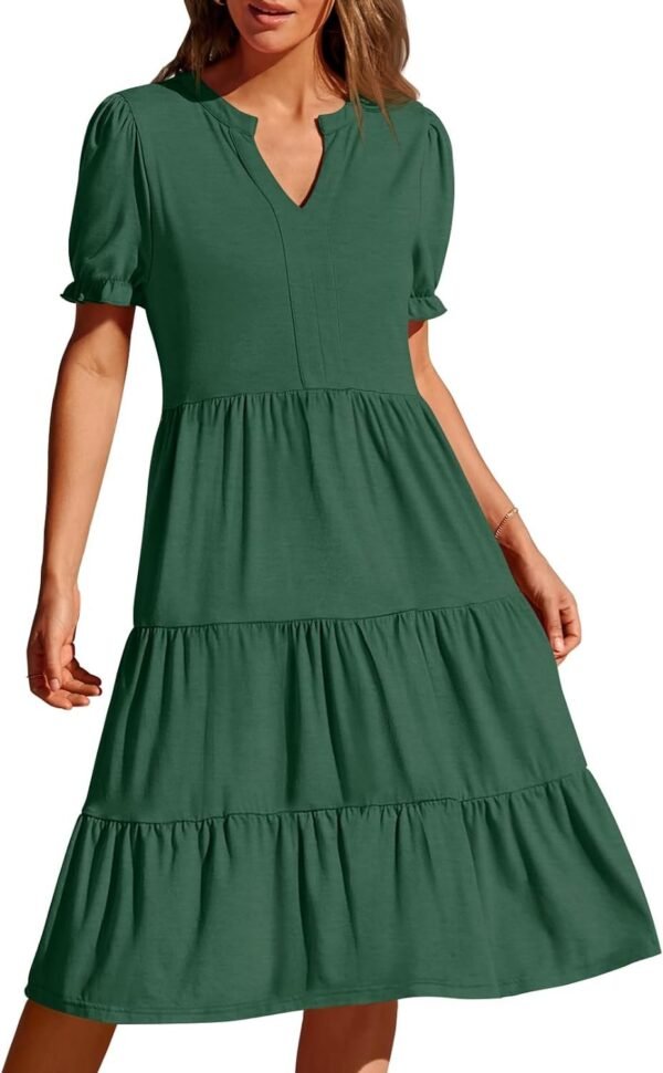 Connecteri  Women's 2024 Summer Short Puff Sleeve Midi Dress Casual V Neck High Waist Tiered Swing A Line Dresses