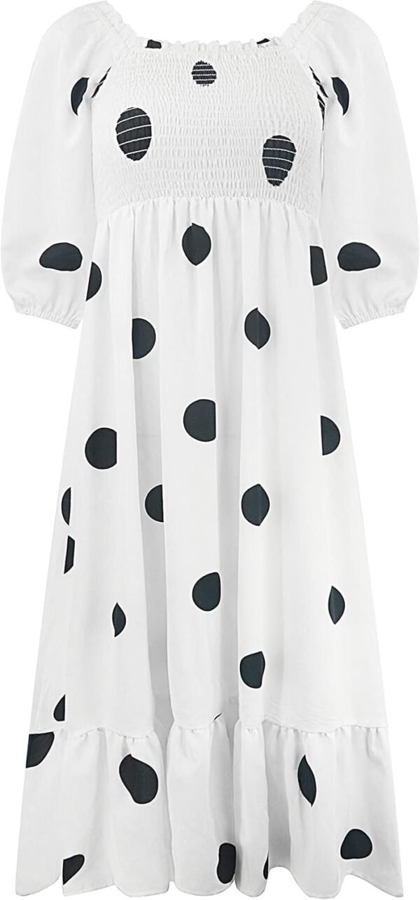 Connecteri  Women's Summer Cotton Puff Sleeves Casual Vintage Polka Dots Print Off Shoulder Midi Dress