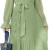 Connecteri  Women's Floral Midi Dress Puff Long Sleeve Casual Ruffle Chiffon A-Line Swing Pleated Belted Tea Party Dresses