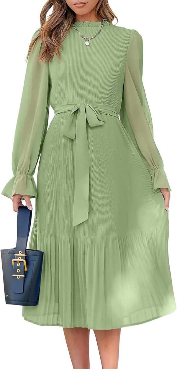 Connecteri  Women's Floral Midi Dress Puff Long Sleeve Casual Ruffle Chiffon A-Line Swing Pleated Belted Tea Party Dresses