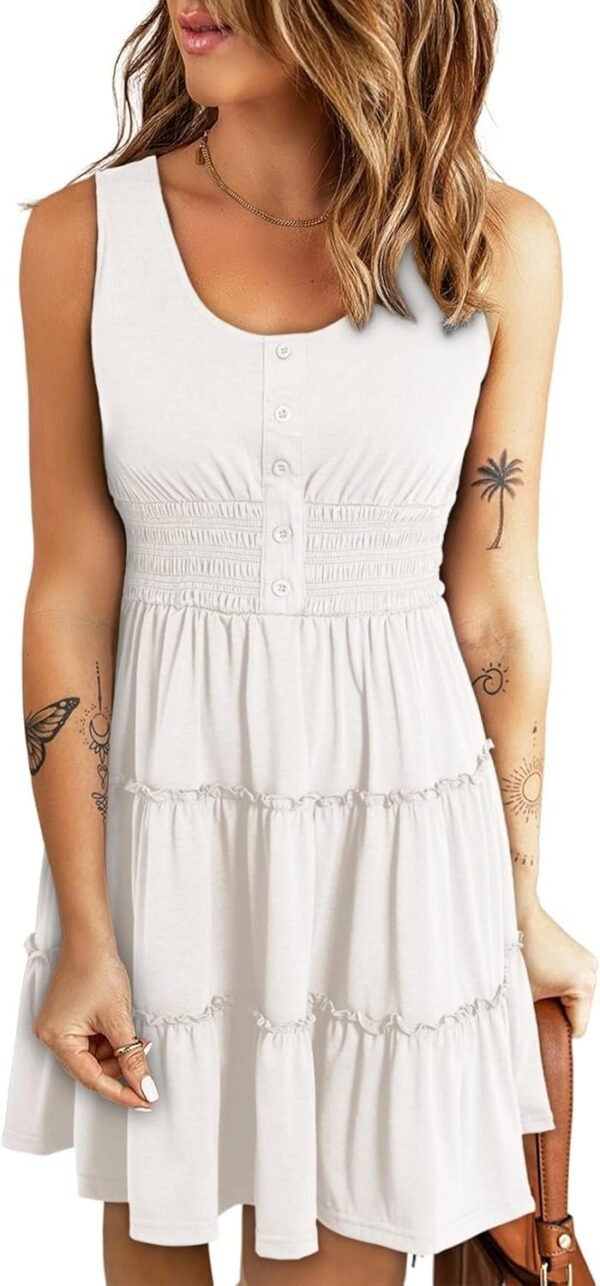Connecteri  Womens Summer Dresses 2024 Sleeveless Button Down Smocked Elastic Waist Ruffle Tiered Casual Swing Mini Dress