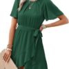 Connecteri  Womens Summer Dresses 2024 Crewneck Short Sleeve Waist Tie Ruffle Casual Chiffon A-Line Swing Mini Dress