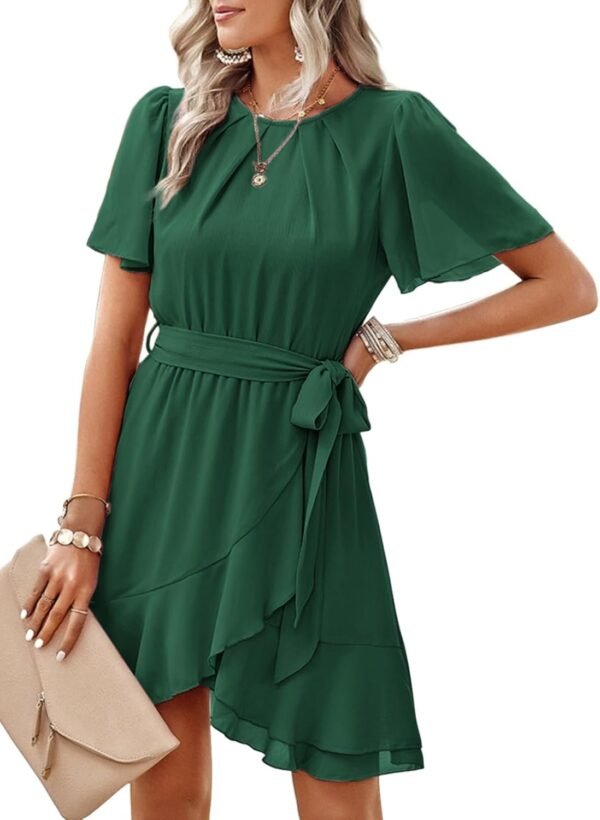 Connecteri  Womens Summer Dresses 2024 Crewneck Short Sleeve Waist Tie Ruffle Casual Chiffon A-Line Swing Mini Dress