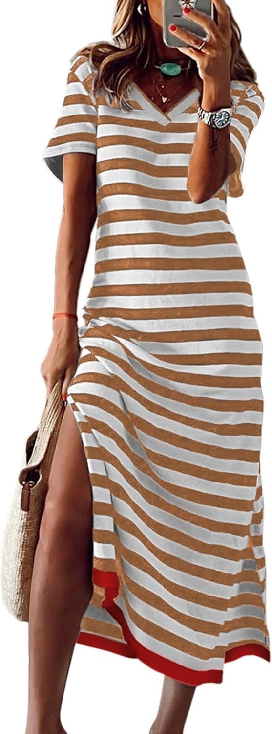 Connecteri  Summer Dress Casual Womens Fashion Short Sleeve Maxi Dress T Shirt Dress Striped Long Color Block Maxi Dress