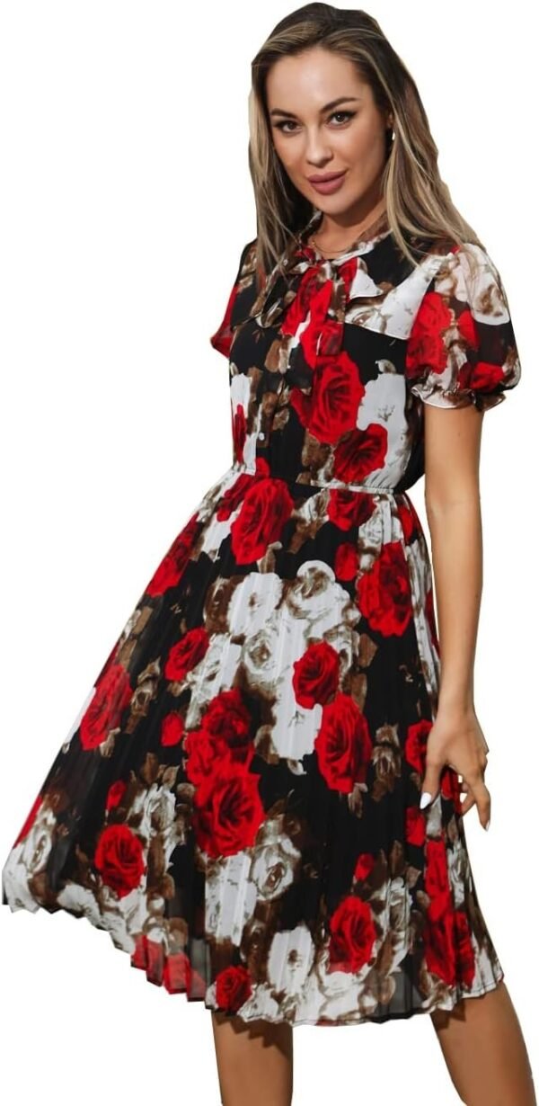 Connecteri  Work Dresses for Women 2023 Long Sleeves Chiffon Black Dress Retro Pleated Buttons Down Bow Tie Loose Causal Dresses