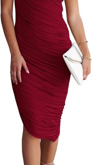 Connecteri?Women's Ruched Bodycon Dress 2024 Summer One Shoulder Sleeveless Party Cocktail Pencil Dresses