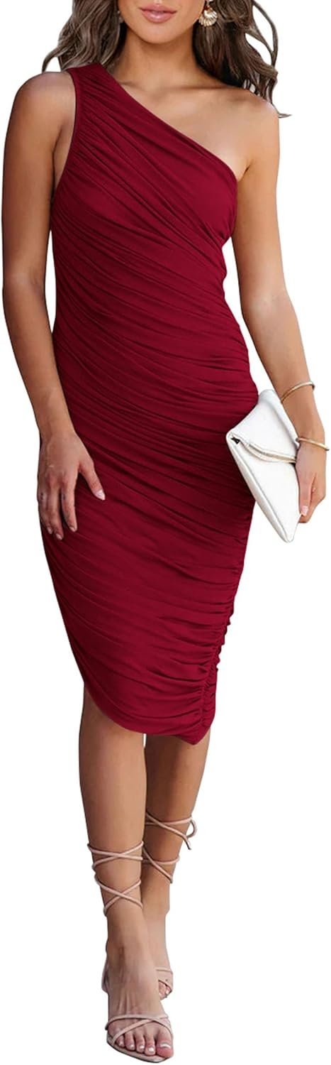 Connecteri?Women's Ruched Bodycon Dress 2024 Summer One Shoulder Sleeveless Party Cocktail Pencil Dresses