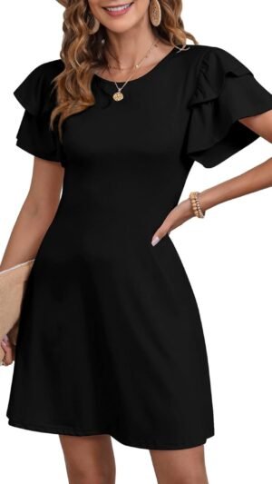Connecteri  Women 2024 Summer Ruffle Edge Sleeve Dresses Floral Casual Beach Mini Dress with Pocket