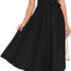 Connecteri Womens Summer Short Sleeve Midi Dresses Spring Casual Crew Neck Knit Belted Pleated A Line Flowy Wedding Guest Dress