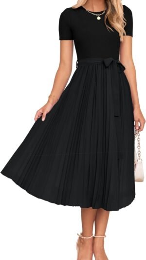 Connecteri Womens Summer Short Sleeve Midi Dresses Spring Casual Crew Neck Knit Belted Pleated A Line Flowy Wedding Guest Dress