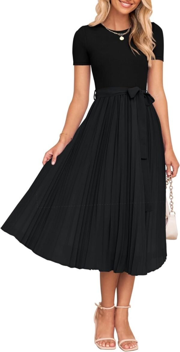 Connecteri Womens Summer Short Sleeve Midi Dresses Spring Casual Crew Neck Knit Belted Pleated A Line Flowy Wedding Guest Dress