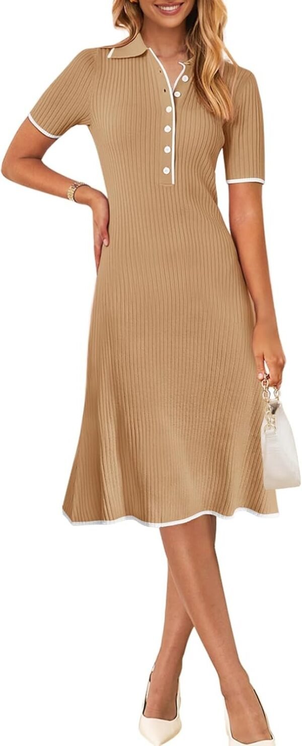 Connecteri  Women's V Neck Ribbed Knit Midi Dress Short Sleeve Button Elegant Bodycon Sweater Dresses