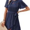 Connecteri  Womens Summer Dresses 2024 Crewneck Short Sleeve Waist Tie Ruffle Casual Chiffon A-Line Swing Mini Dress