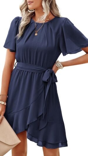 Connecteri  Womens Summer Dresses 2024 Crewneck Short Sleeve Waist Tie Ruffle Casual Chiffon A-Line Swing Mini Dress