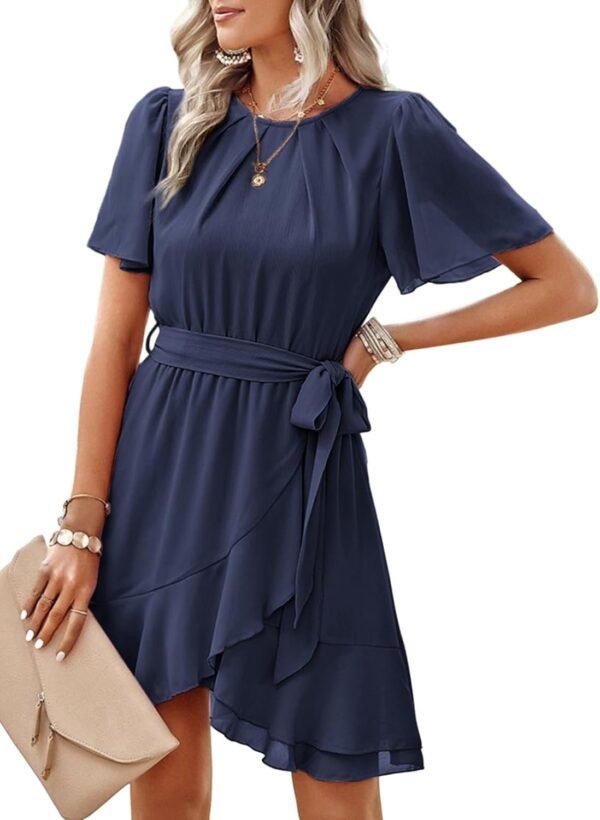 Connecteri  Womens Summer Dresses 2024 Crewneck Short Sleeve Waist Tie Ruffle Casual Chiffon A-Line Swing Mini Dress