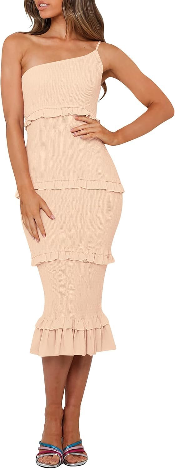 Connecteri  Womens Floral Summer One Shoulder Strappy Tiered Ruffle Midi Bodycon Dresses