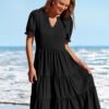 Connecteri  Women's 2024 Summer Short Puff Sleeve Midi Dress Casual V Neck High Waist Tiered Swing A Line Dresses