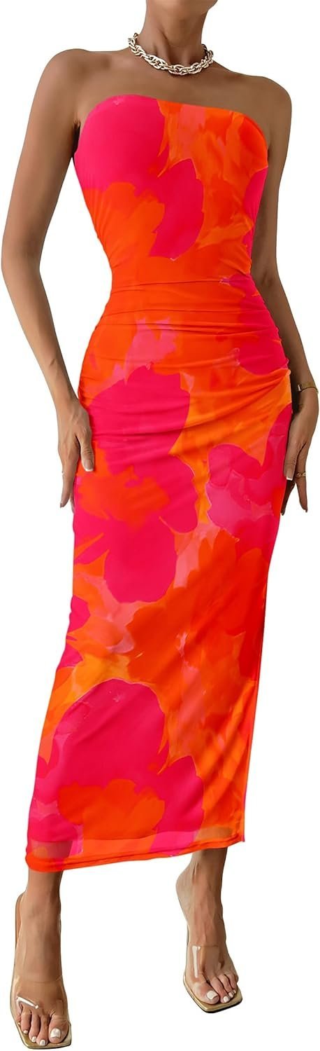 Connecteri  Women's Summer Maxi Bodycon Dresses Strapless Tube Top Printed Long Party Club Slit Dress