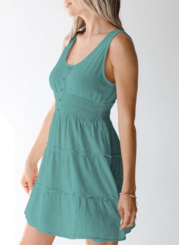 Connecteri  Womens Summer Dresses 2024 Sleeveless Button Down Smocked Elastic Waist Ruffle Tiered Casual Swing Mini Dress
