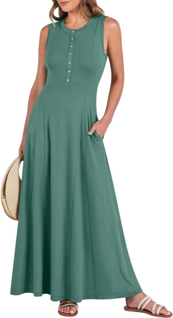 Connecteri  Women Summer Casual Sleeveless Maxi Sundress Button Fit & Flare A-Line Flowy Long Dresses 2024 Beach Outfits
