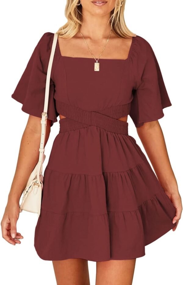 Shy Velvet Women's Summer Dress Square Neck Short Sleeves Crossover Waist Casual Party Mini Dress