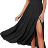 Connecteri  Women's Summer One Shoulder Sleeveless Knot Smocked Midi Dress Split Tiered Flowy Dresses