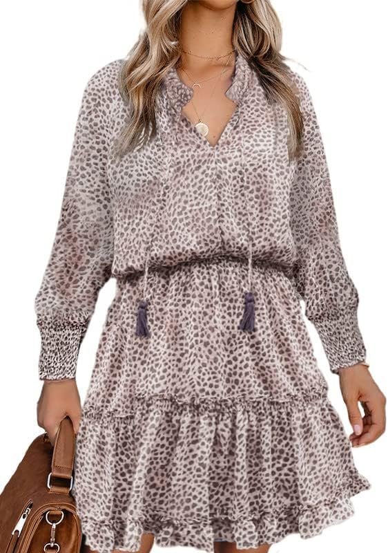 Connecteri  Womens Summer Dresses 2024 Boho Floral Drawstring V Neck Smocked Long Sleeve Ruffle Tiered Chiffon Mini Short Dress