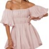 Connecteri  Womens Off The Shoulder Summer Dresses 2024 Short Lantern Sleeve Ruffle Elastic Waist A-Line Casual Mini Dress