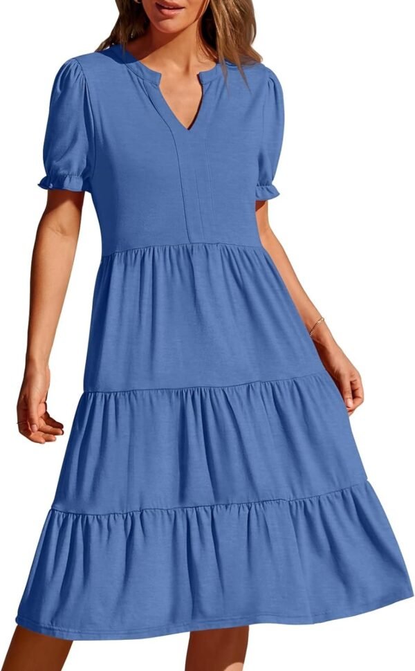 Connecteri  Women's 2024 Summer Short Puff Sleeve Midi Dress Casual V Neck High Waist Tiered Swing A Line Dresses