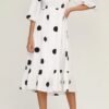 Connecteri  Women's Summer Cotton Puff Sleeves Casual Vintage Polka Dots Print Off Shoulder Midi Dress