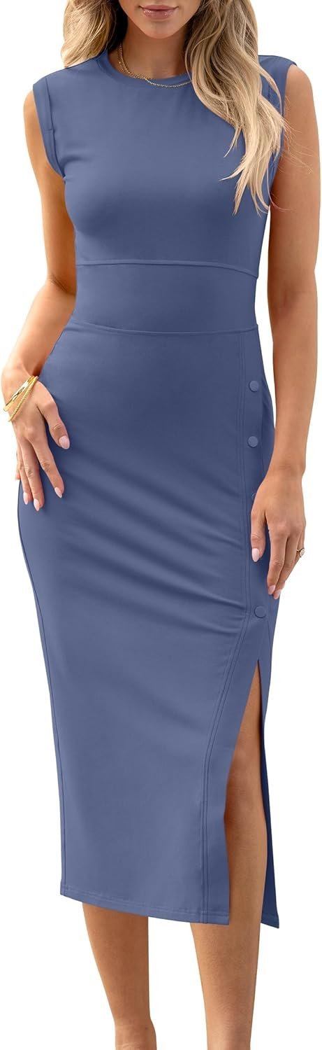 Connecteri  Womens Summer Sleeveless Bodycon Midi Dress Button Slit 2024 Fashion Casual Sundress Cocktail Party Dresses