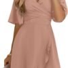 Connecteri  Women's Wrap V Neck Short Flared Sleeve Wedding Guest Dress Smocked Elastic Waist Tiered Belted Ruffle Hem Mini Dress