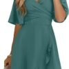 Connecteri  Women's Wrap V Neck Short Flared Sleeve Wedding Guest Dress Smocked Elastic Waist Tiered Belted Ruffle Hem Mini Dress