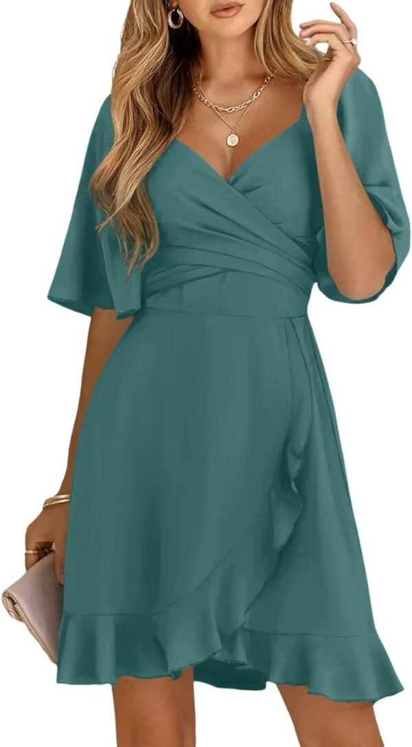 Connecteri  Women's Wrap V Neck Short Flared Sleeve Wedding Guest Dress Smocked Elastic Waist Tiered Belted Ruffle Hem Mini Dress