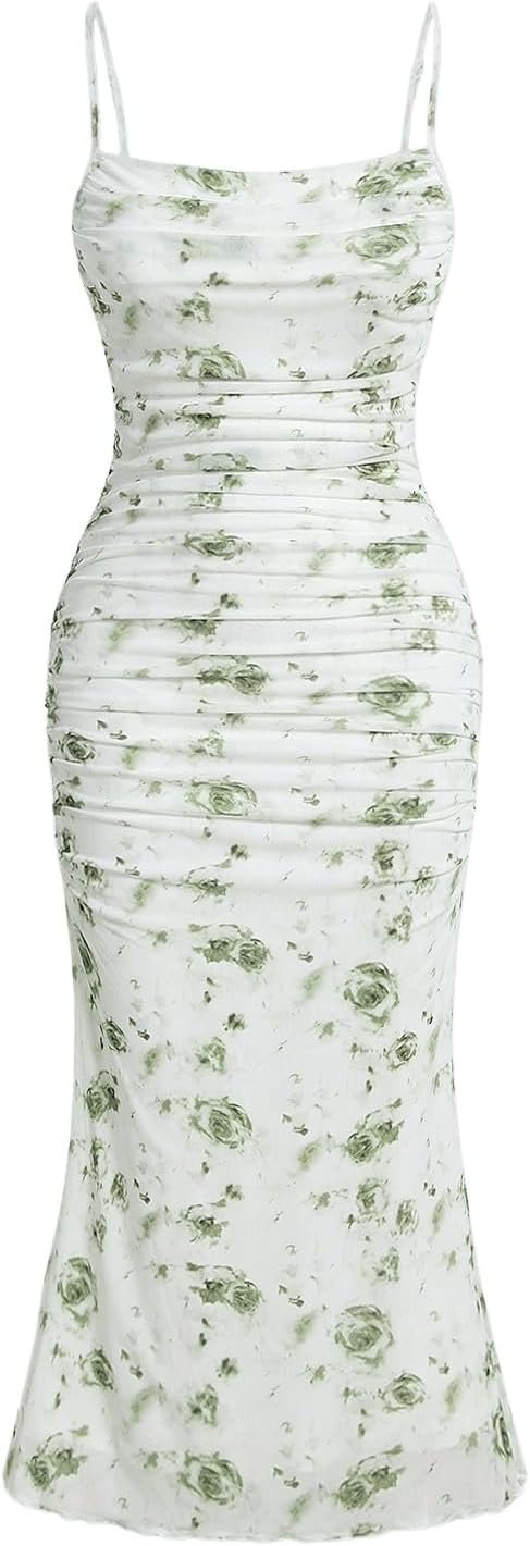 Connecteri  Women's Floral Ruched Bodycon Midi Dress Mesh Sleeveless Fishtail Cami Dresses