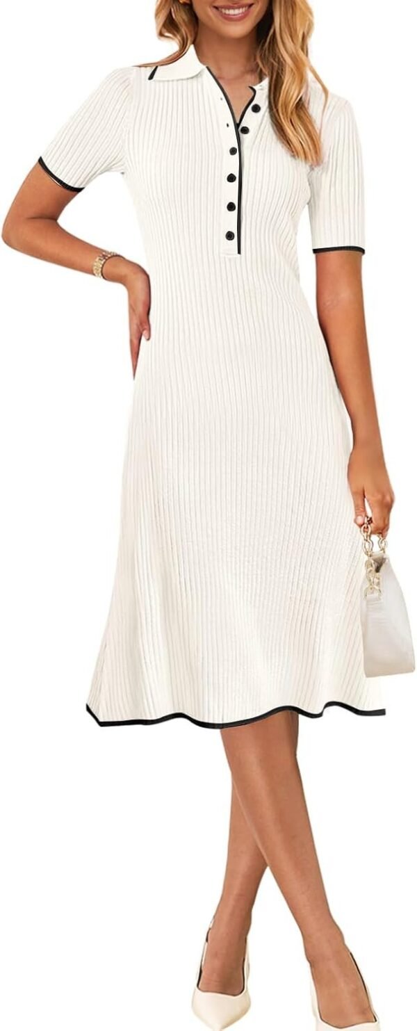 Connecteri  Women's V Neck Ribbed Knit Midi Dress Short Sleeve Button Elegant Bodycon Sweater Dresses