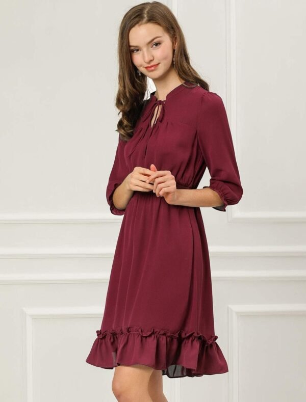 Connecteri  K Women's Autumn Wedding Guest Dresses Ruffle Hem 3/4 Sleeve A-Line Smocked Short Chiffon Dress
