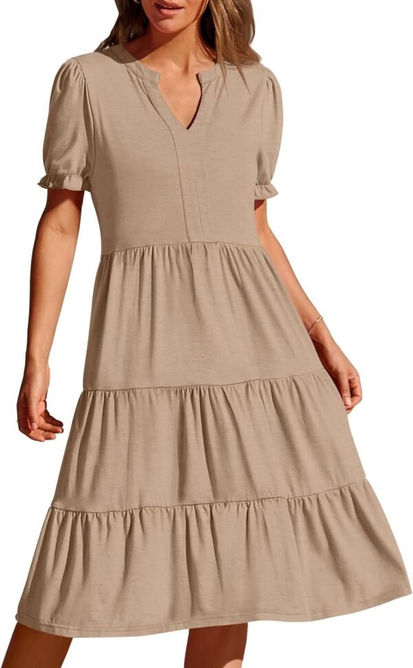 Connecteri  Women's 2024 Summer Short Puff Sleeve Midi Dress Casual V Neck High Waist Tiered Swing A Line Dresses