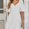 Connecteri  Women's Wrap V Neck Short Flared Sleeve Wedding Guest Dress Smocked Elastic Waist Tiered Belted Ruffle Hem Mini Dress