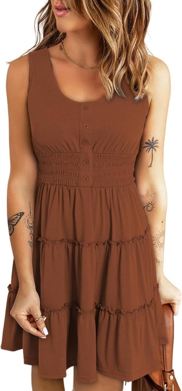 Connecteri  Womens Summer Dresses 2024 Sleeveless Button Down Smocked Elastic Waist Ruffle Tiered Casual Swing Mini Dress
