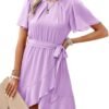 Connecteri  Womens Summer Dresses 2024 Crewneck Short Sleeve Waist Tie Ruffle Casual Chiffon A-Line Swing Mini Dress
