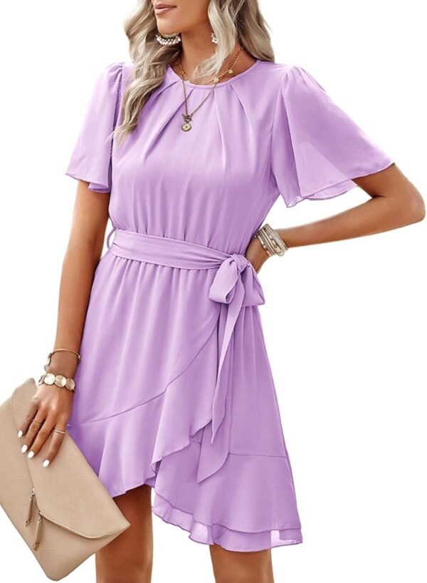 Connecteri  Womens Summer Dresses 2024 Crewneck Short Sleeve Waist Tie Ruffle Casual Chiffon A-Line Swing Mini Dress