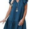 Connecteri  Womens Summer V-Neck Drawstring Ruffle Cap Short Sleeve Casual Shift Mini Dress with Pockets