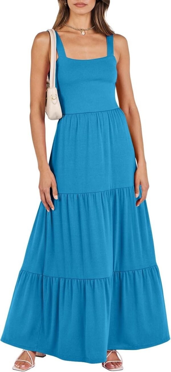 Connecteri  Women's Summer Casual Long Maxi Beach Vacation Dresses Sleeveless Square Neck Flowy Tiered Sun Dress with Pockets