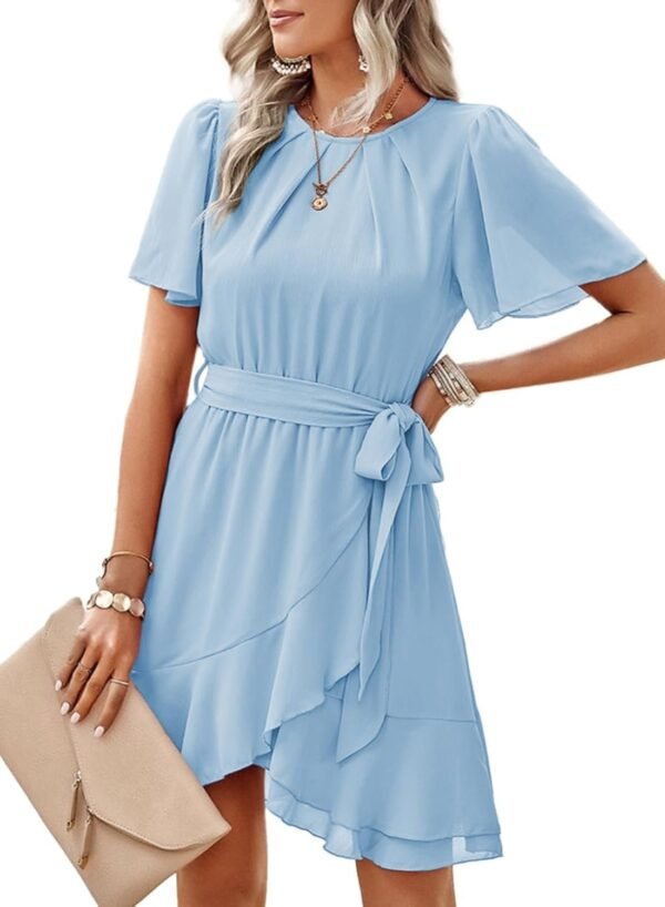 Connecteri  Womens Summer Dresses 2024 Crewneck Short Sleeve Waist Tie Ruffle Casual Chiffon A-Line Swing Mini Dress