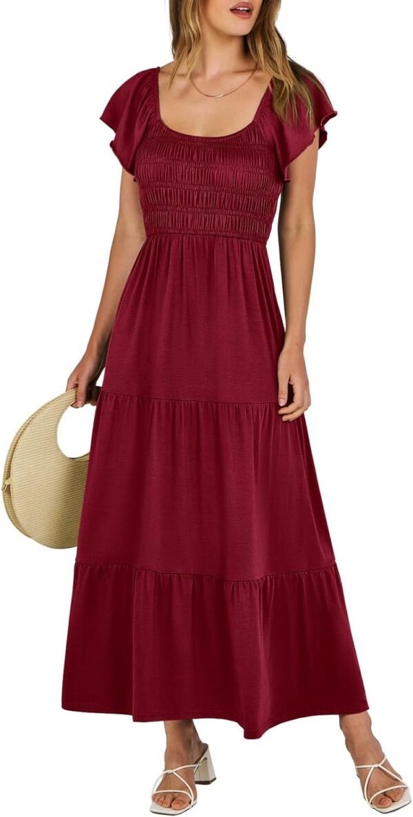 Connecteri  Women??s 2024 Summer Casual Maxi Dress Flutter Sleeve Scoop Neck Smocked Tiered A Line Flowy Beach Long Sun Dresses