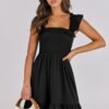 Connecteri  Womens Summer Casual Sleeveless Square Neck Smocked Ruffle Backless Boho Mini Dress 2024 Trendy Short Sundress