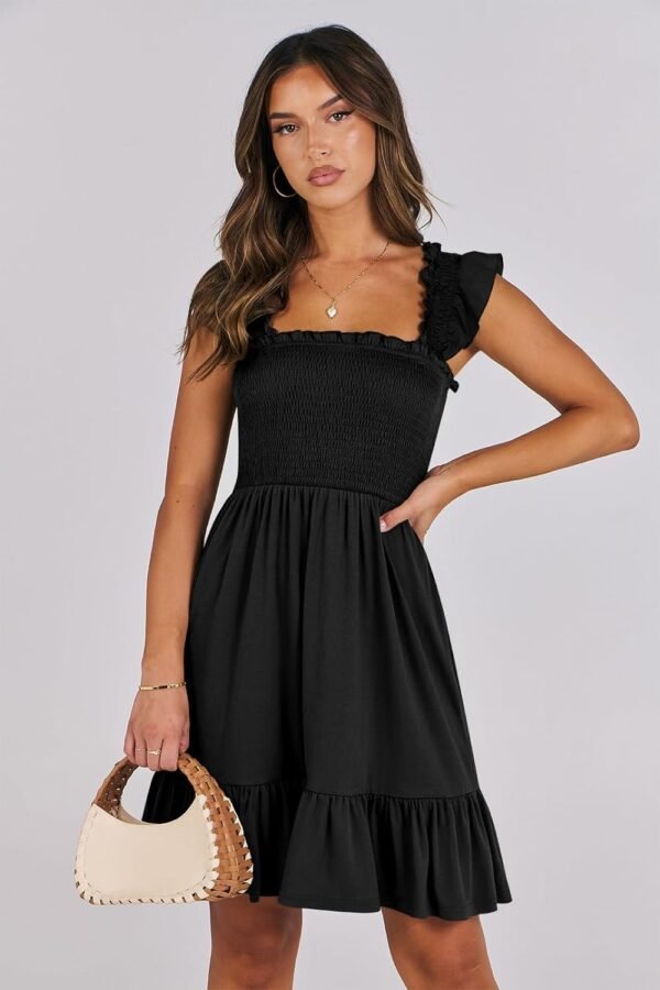 Connecteri  Womens Summer Casual Sleeveless Square Neck Smocked Ruffle Backless Boho Mini Dress 2024 Trendy Short Sundress